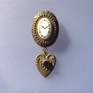 Vintage Style Gold Pin with Clock and Heart Charm